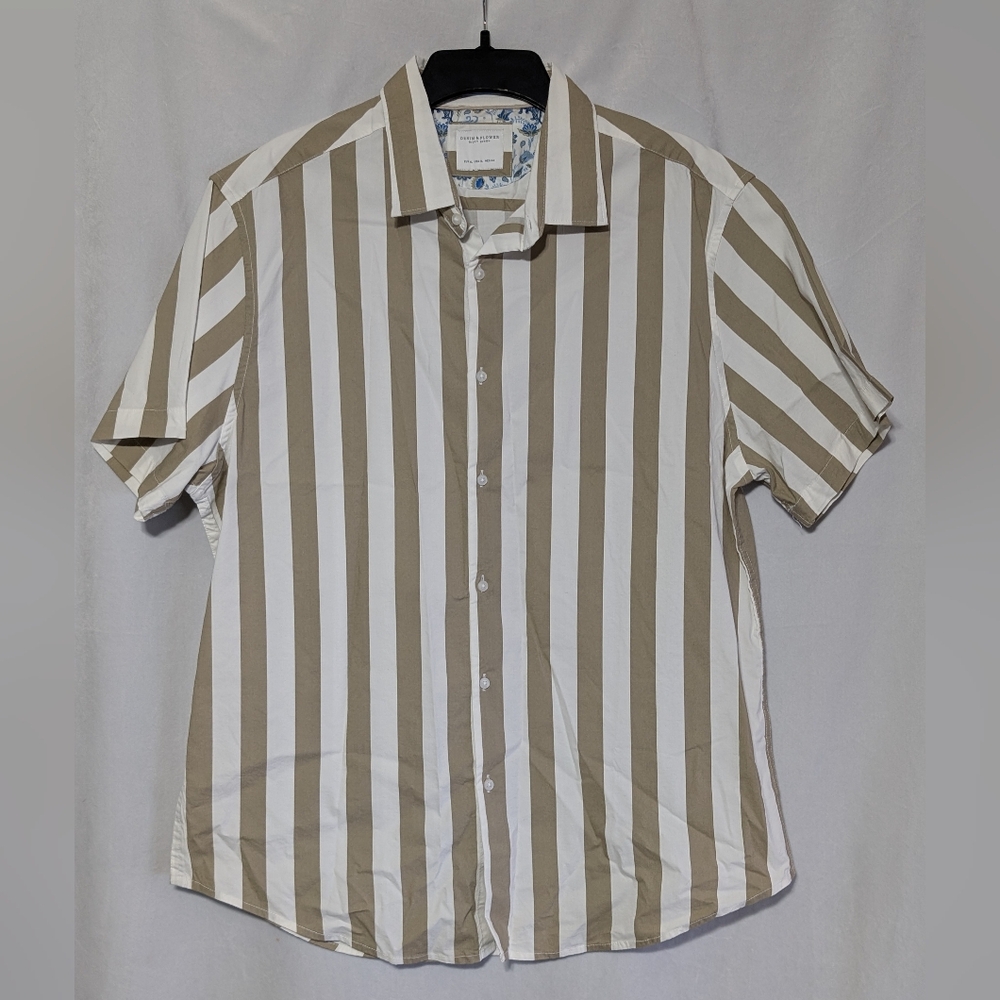 ☘️Denim & Flower Ricky Singh Beige and White Striped Button Down Shirt XL